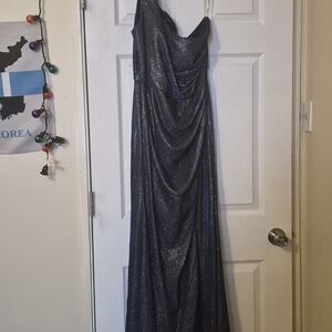 Glittering Midnight Blue Prom Gown with Draped Bodice